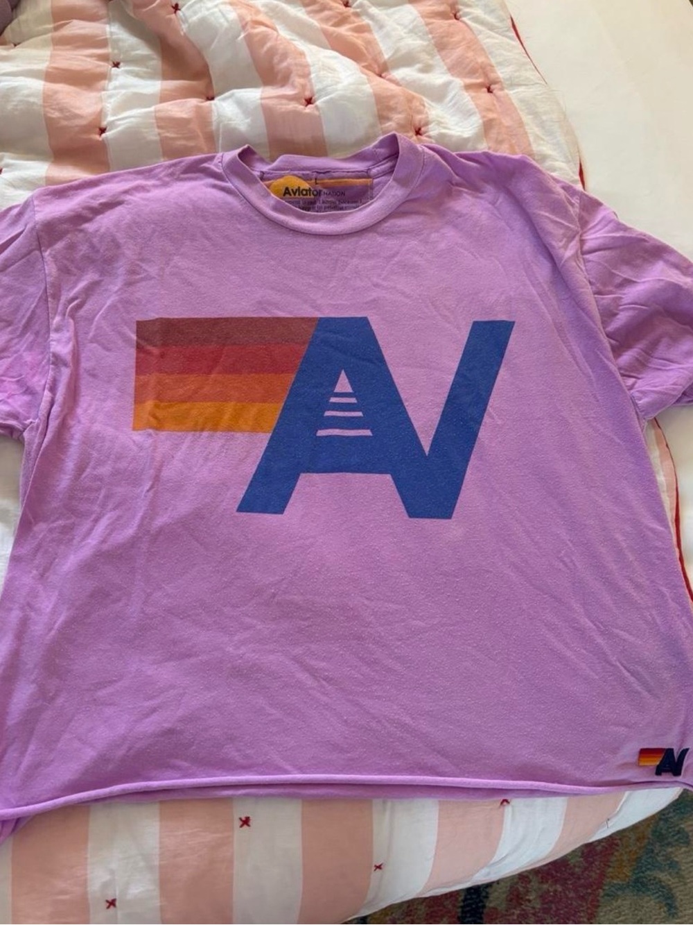 Aviator Nation Lavender Short Sleeve Tee with Blue Logo and Sunset Stripes